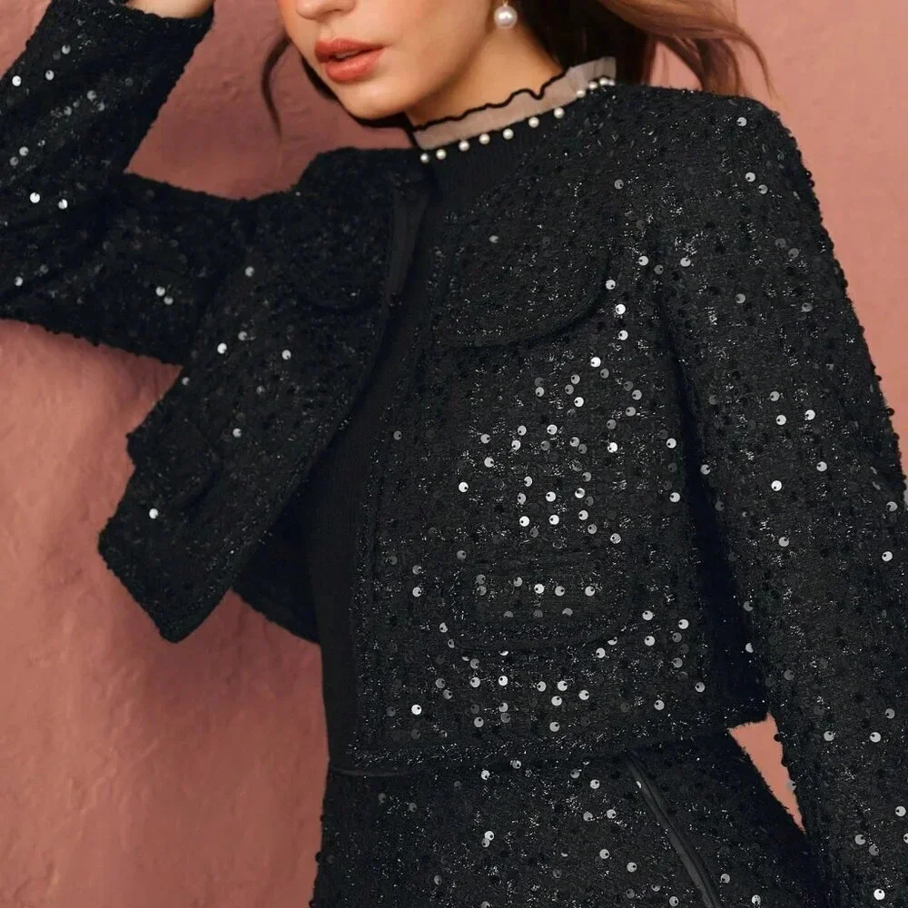 Black Party Women's Romantic Elegant Sequin Cropped Sparkling Tweed Jacket - Picture 6 of 8